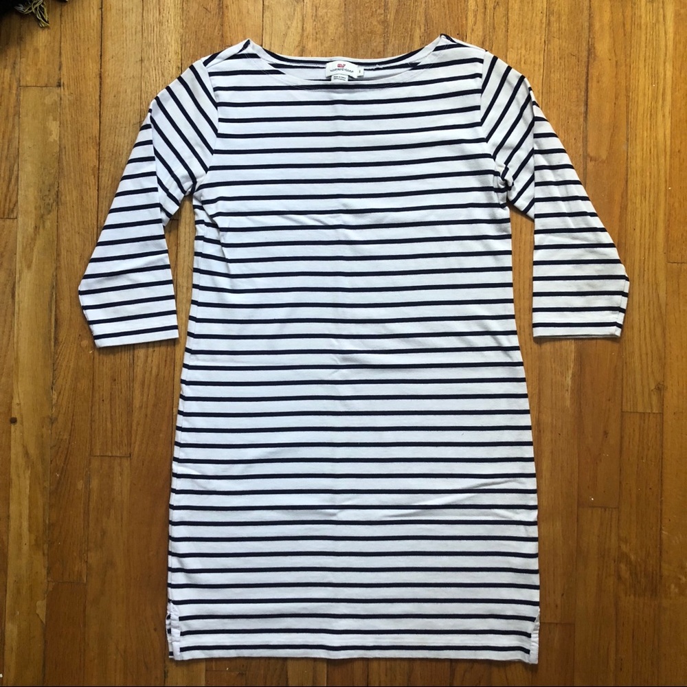 Vineyard Vines White and Navy Striped Long Sleeve Dress